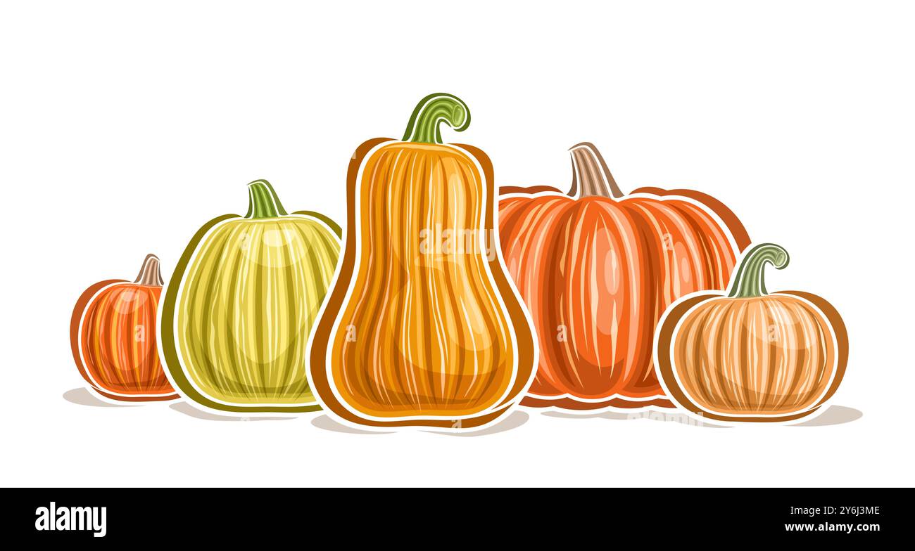 Vector Pumpkin logo, affiche horizontale décorative avec composition de citrouilles juteuses de conception de bande dessinée avec tige verte, placard avec groupe de nombreux différents Illustration de Vecteur