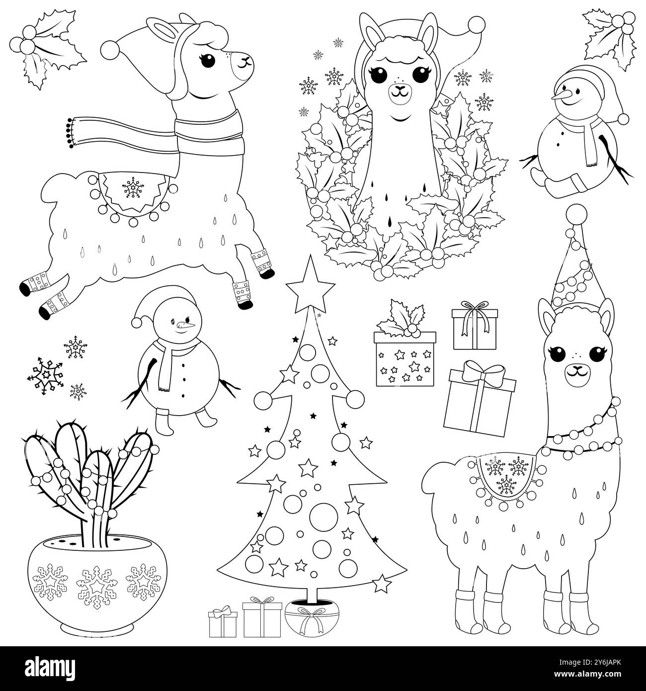 Ensemble lama de Noël. Lamas mignons dans les costumes du Père Noël, arbres de Noël, bonhommes de neige, cadeaux, objets de célébration. Coloriage noir et blanc. Banque D'Images