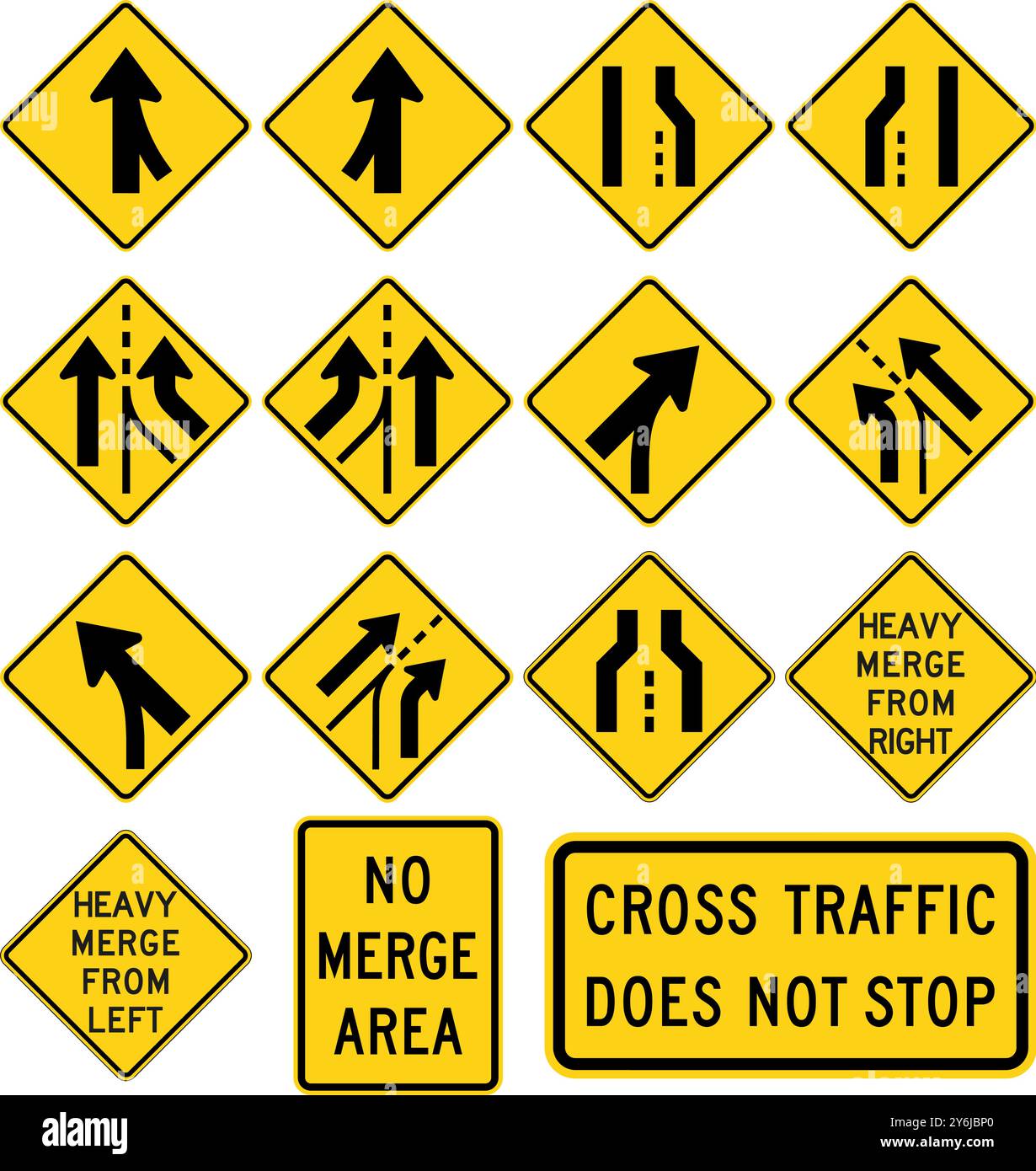 Voies et panneaux de signalisation de convergence : convergence droite et gauche, extrémités de voie, voies ajoutées, forte convergence et zones sans convergence. Panneaux de signalisation routière aux États-Unis. Illustration de Vecteur Voies et panneaux de signalisation de convergence : convergence droite et gauche, extrémités de voie, voies ajoutées, forte convergence et zones sans convergence. Panneaux de signalisation routière aux États-Unis. Illustration de Vecteur