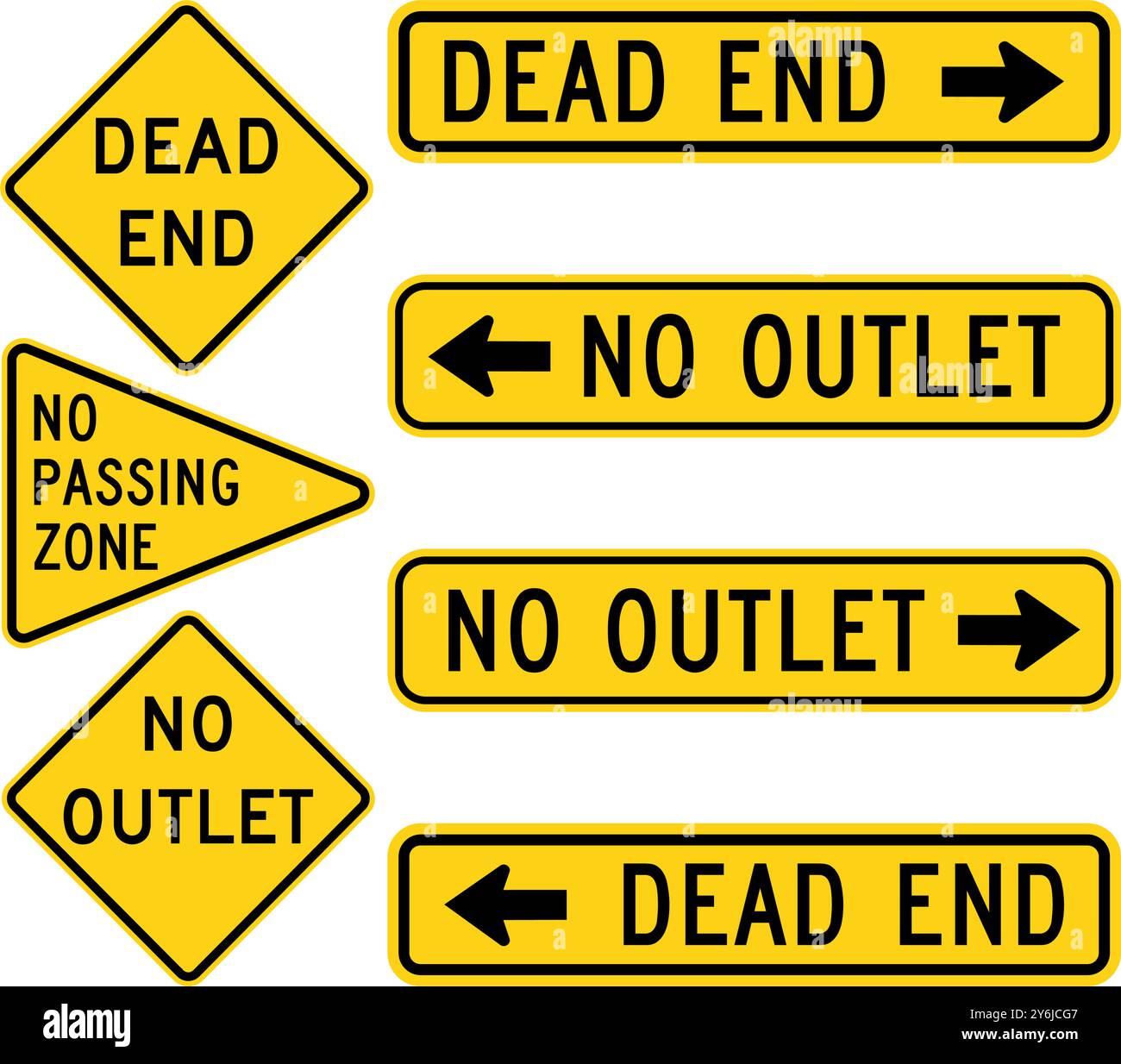 Collection de panneaux routiers en impasse, sans sortie et zone interdite de passage avec avertissements directionnels gauche et droite. Panneaux de signalisation routière aux États-Unis. Illustration de Vecteur