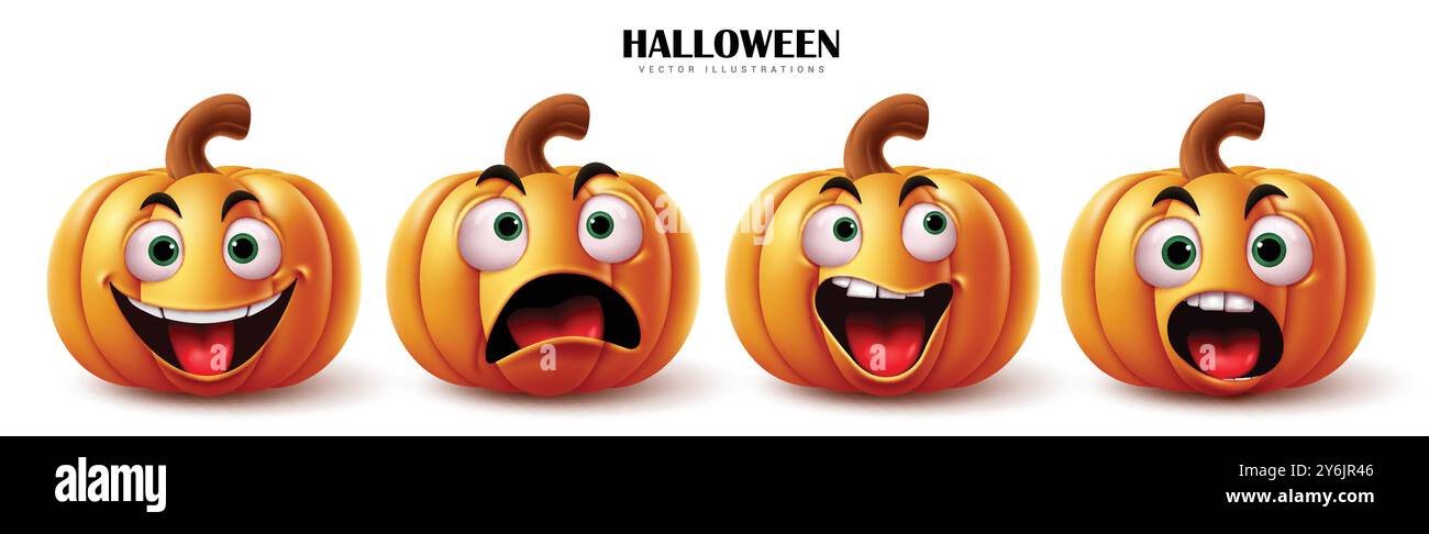 Conception d'ensemble vectoriel de citrouilles orange d'Halloween. Halloween dessin animé citrouilles 3d avec joyeux, mignon, coquin et souriant expressions faciales saison de vacances Illustration de Vecteur