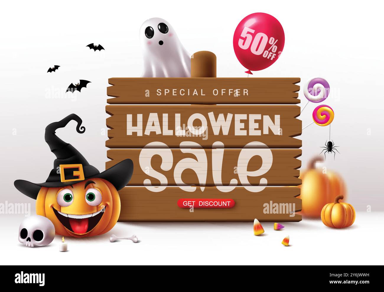 Conception de modèle vectoriel de texte de vente d'Halloween. Offre spéciale de texte de vente d'Halloween 50% de réduction en planche de bois avec citrouille mignonne, personnages fantômes Illustration de Vecteur