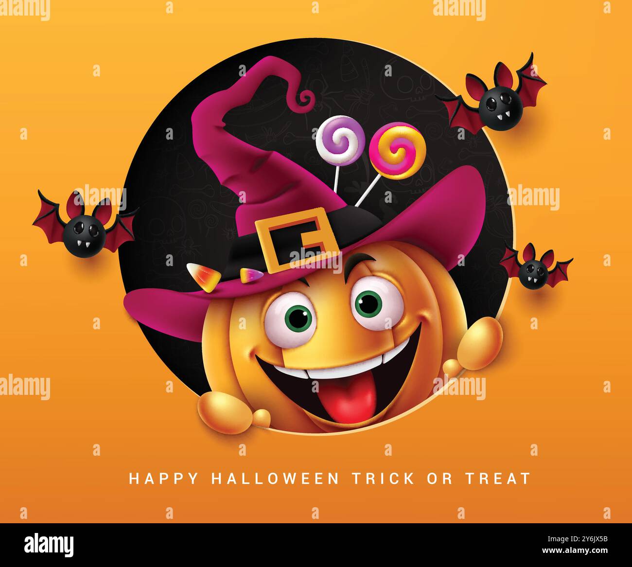 Conception vectorielle de personnage de citrouille d'Halloween. Bonne carte d'invitation halloween avec personnage drôle de citrouille portant un costume de chapeau violet, tenant orange Illustration de Vecteur