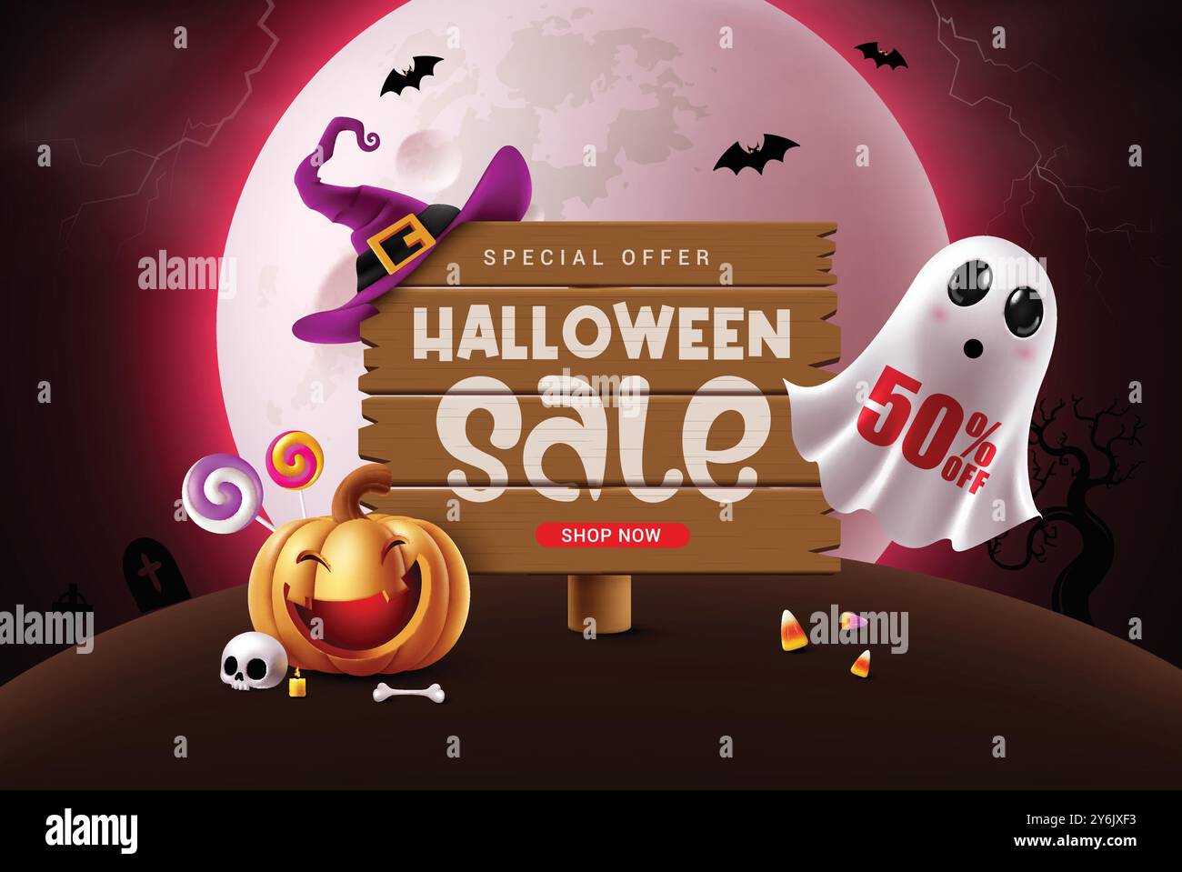 Conception de bannière vectorielle de texte de vente d'Halloween. Texte de vente d'Halloween en planche de bois avec élément de chapeau de sorcière violet et fantôme, personnages de citrouille dans Spooky Illustration de Vecteur