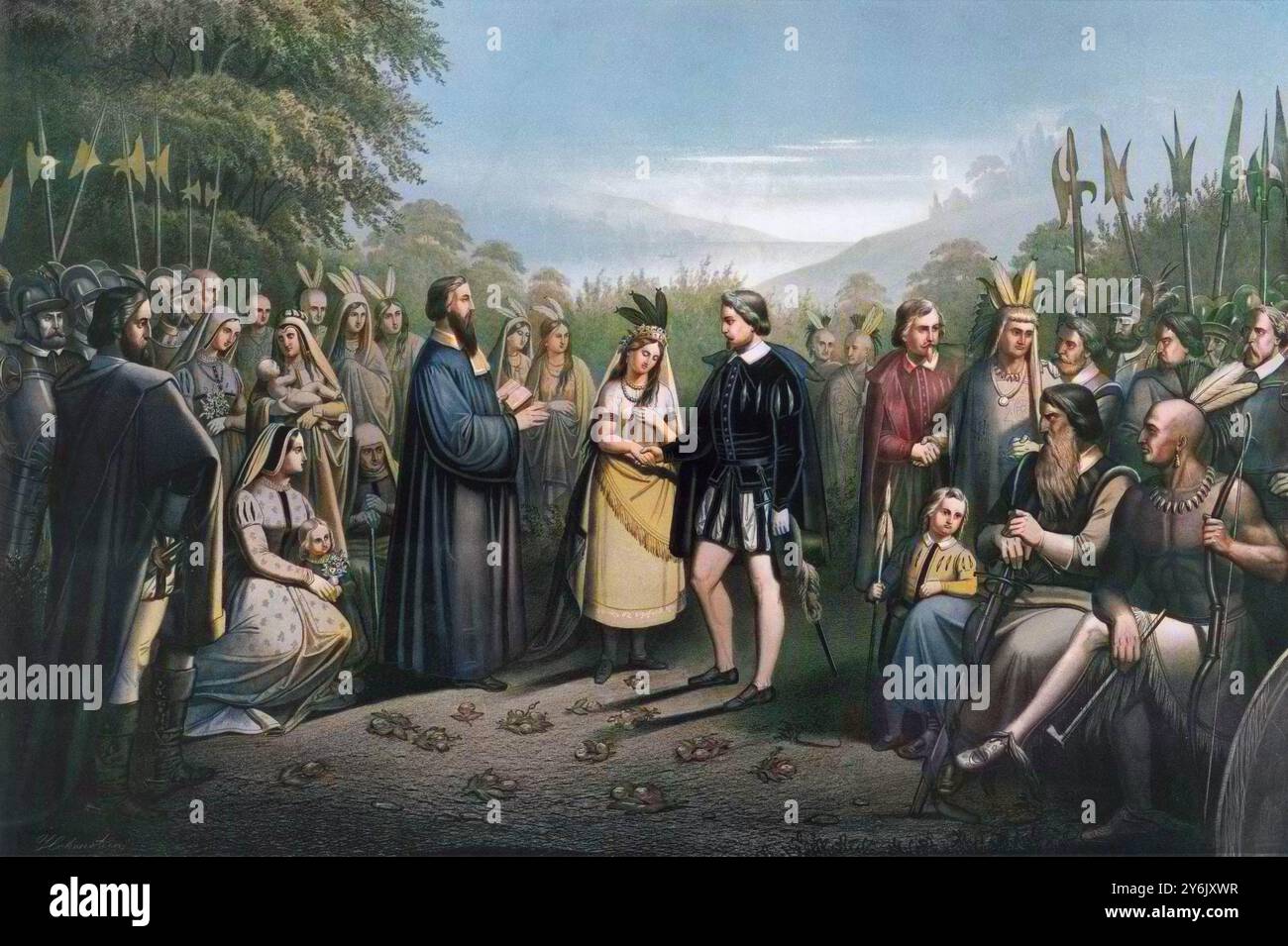 Le mariage de Pocahontas (1595-1617) et John Rolfe (1585-1622) à Jamestown, Virginie, en avril 1614 - gravure - Banque D'Images