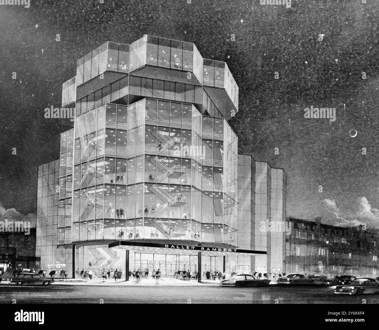 Une photographie d'un modèle d'architecte du nouveau théâtre en verre révolutionnaire qui a été prévu pour Londres prévoit de construire le théâtre à Ladbrock Road Paddington en face du Old Mercury Theatre qui a été le siège du Ballet Rambert. Le nouveau théâtre offrira une résidence permanente à la Compagnie de Madame Rambert le 21 février 1962 Banque D'Images