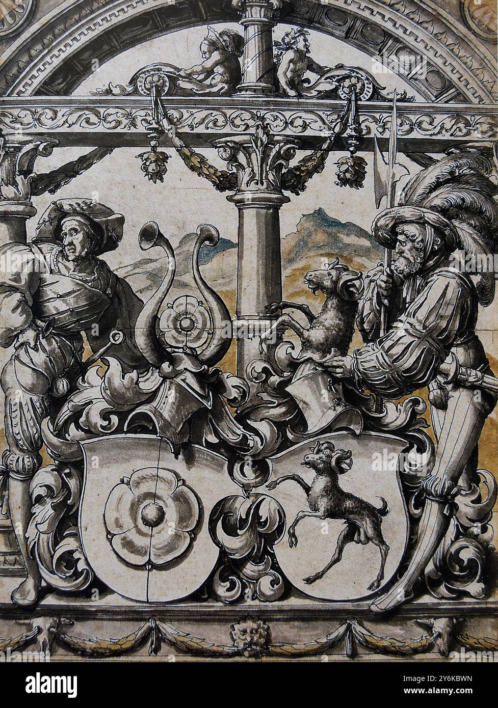 Conception d'un vitrail avec deux soldats, 1520. Atelier de Hans Holbein le jeune. Banque D'Images