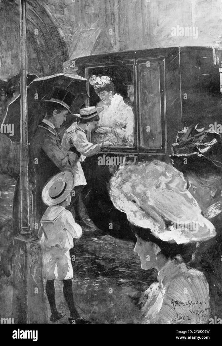 Dimanche du couronnement : leurs Majestés et leurs petits-enfants. Le roi et la reine saluent leurs petits-enfants à leur retour de la cérémonie de remerciement à la Chapelle Royale, St James 16 août 1902 Banque D'Images