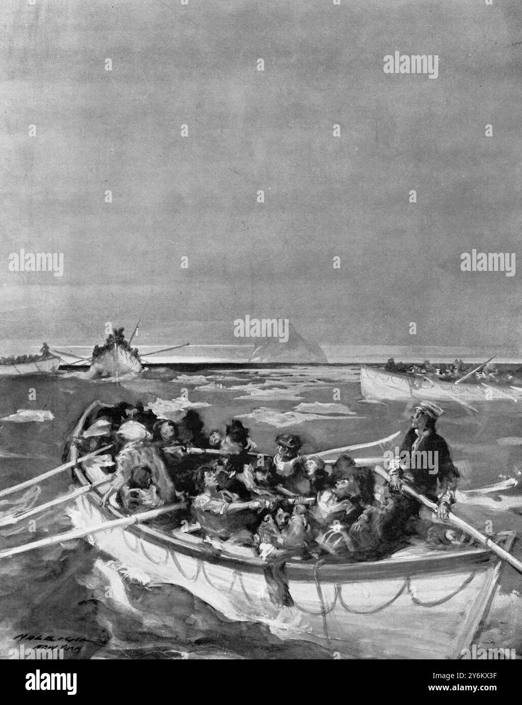 Tiré du matériel fourni par Mme Cornell, une survivante. Preuve de la discipline à bord du naufrage 'Titanic' : un bateau-chargement de femmes. Un marin, un étranger - et des femmes : l'équipage et les passagers d'un des bateaux de sauvetage du Titanic après la catastrophe. 4 mai 1912 Banque D'Images