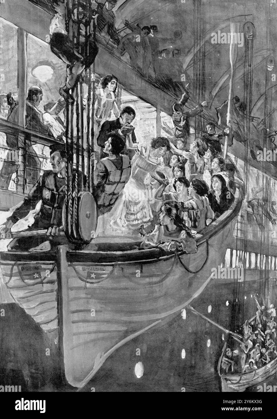 Tiré du matériel fourni par M. F.M. Hoyt. Un survivant. La chevalerie de la mer: "Les femmes et les enfants d'abord" après le désastre du "Titanic". Après l'ordre 'tous les hommes se retirent loin des bateaux. Toutes les dames se retirent sur le pont suivant ci-dessous : les femmes entrant dans un bateau de sauvetage depuis le pont B du 'Titanic'. 4 mai 1912 Banque D'Images
