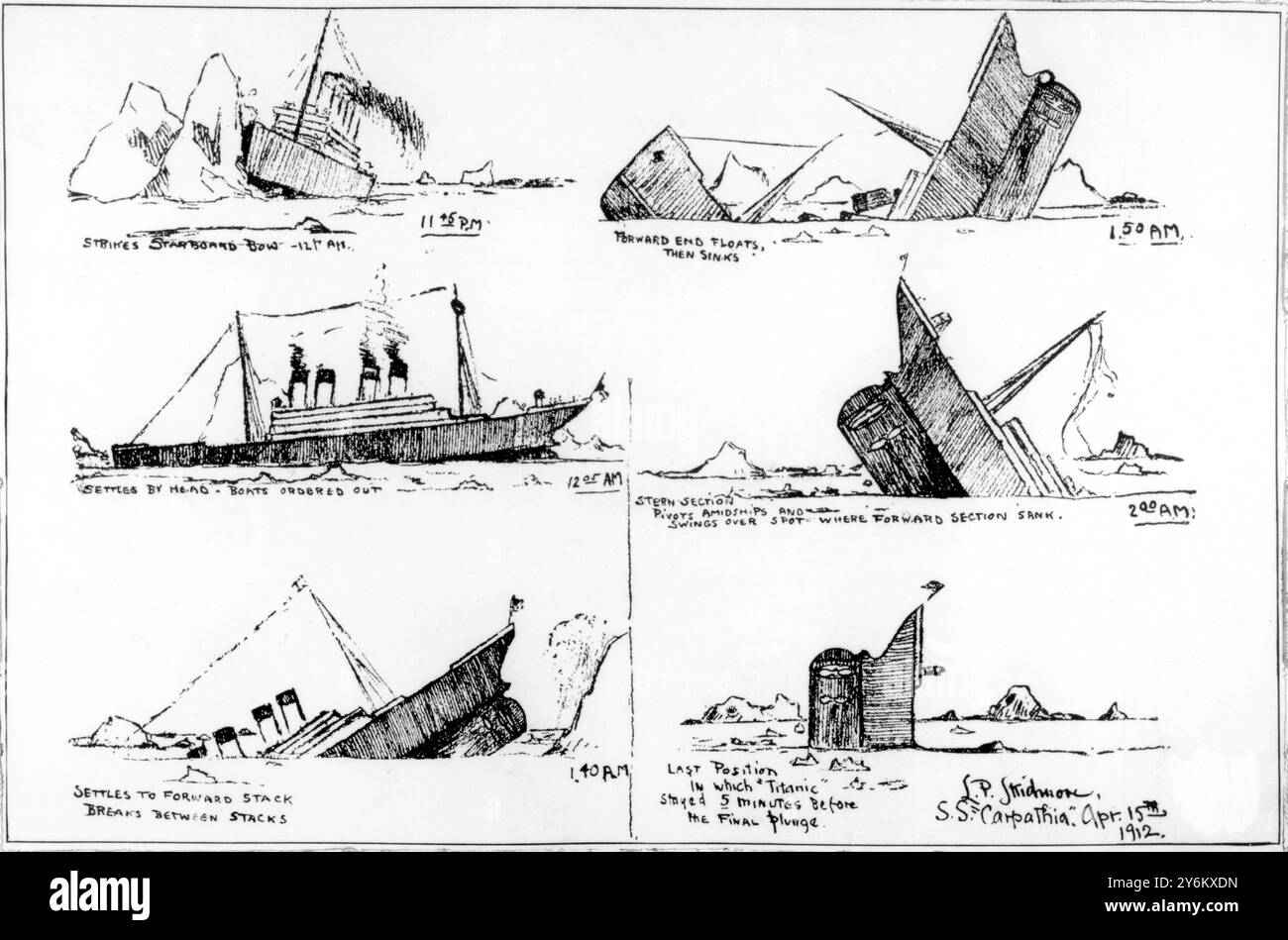 Titanic - illustration faite par un survivant du navire en naufrage illustré London News 11 mai 1912 montrant le paquebot cassé en deux : croquis du navire en naufrage faits par M. John B Thayer Jun alors qu'il était sur l'un des bateaux pliables du navire, et remplis par M. l P Skidmore sur la Carpathie , immédiatement après le sauvetage des survivants. Banque D'Images