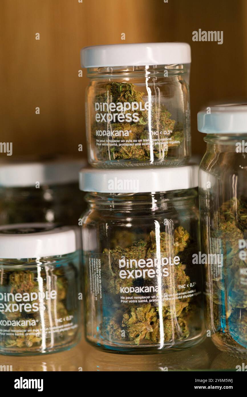 Fleurs de chanvre dans un bocal en verre. CBD Banque D'Images