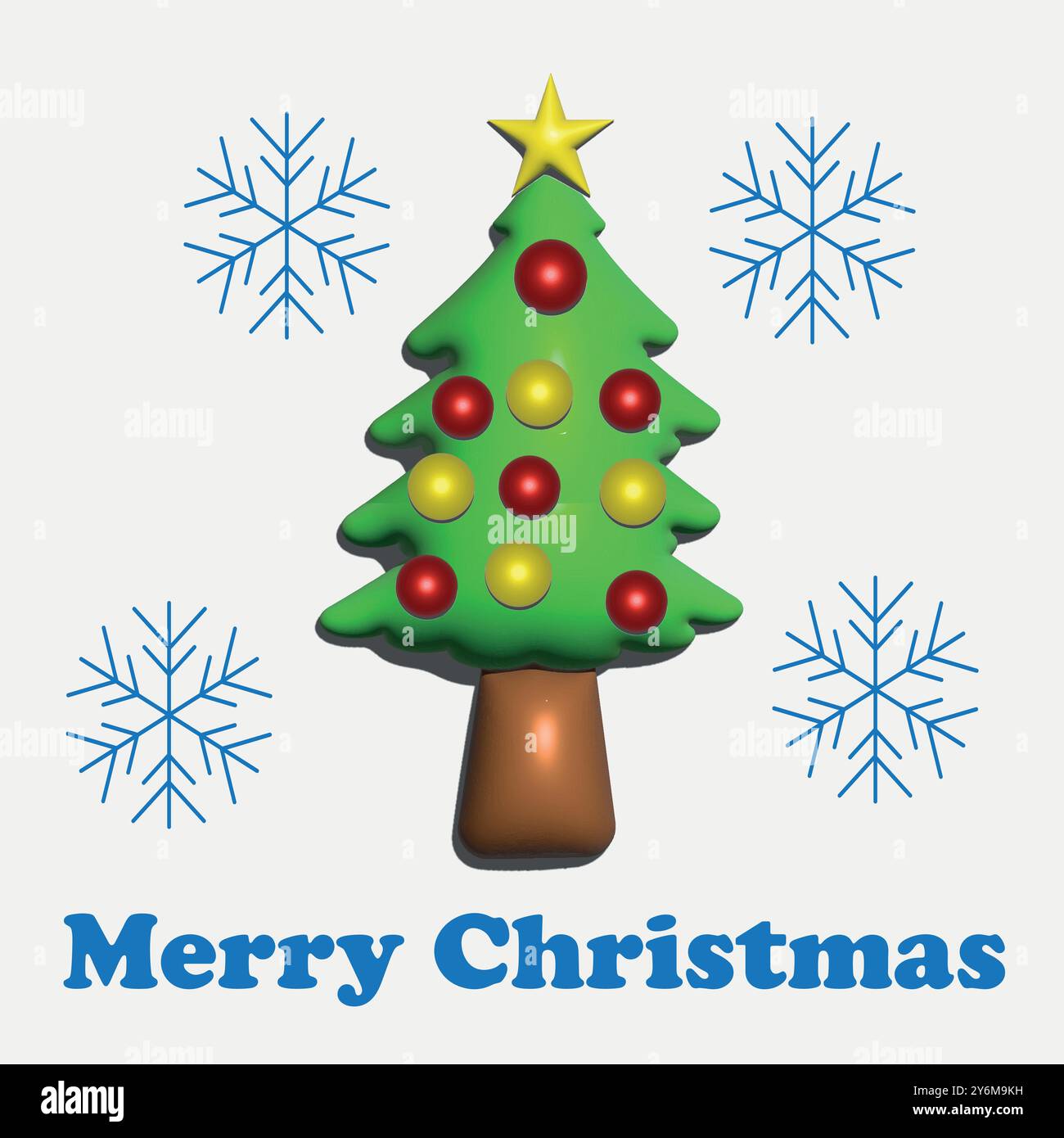 Joyeux Noël arbre 3D rendu décoré avec des ornements rouges et jaunes avec des flocons de neige sur fond blanc. Pour cartes de vœux, cartes postales et bannière Illustration de Vecteur