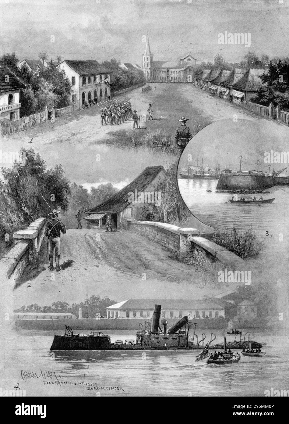 La crise philippine : scènes du conflit. 1. Un village philippin juste à l'extérieur des lignes américaines près de Manille ; troupes forant dans la rue principale ; conversion de Santa Ana en arrière-plan 2. Avant-postes en contact ; américain sur le côté proche du pont, philippin au-delà. 3. Un fort espagnol à Manille monté avec de vieux canons à chargement par la bouche. 4. À Cavite : un canot espagnol "sectionné" par son équipage 1er avril 1899 Banque D'Images