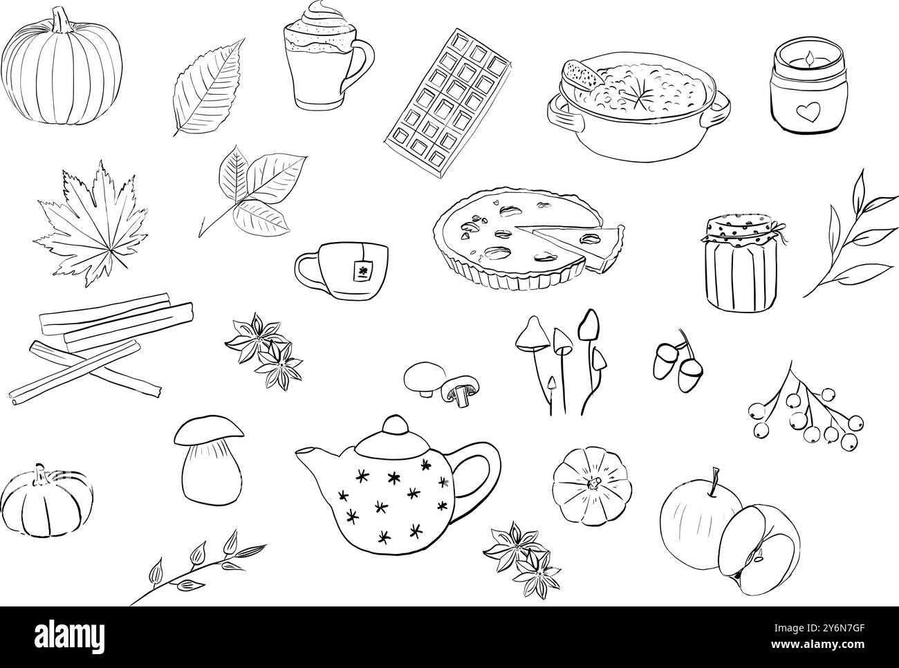 Collection vectorielle avec icône d'automne. Ensemble de cliparts d'automne avec feuilles, citrouille, fruits et champignons. Cadeaux d'automne. Illustration de Vecteur