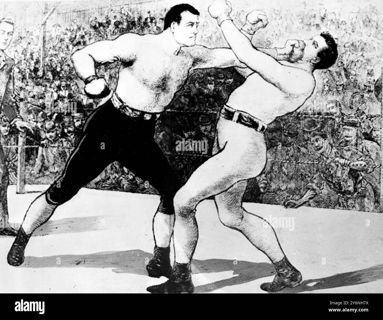 Des gants oversize ont été utilisés pour la première fois dans le combat de 21 rondes entre John L. Sullivan et le gentleman Jim Corbett le 7 septembre 1892 à New Orlands, aux États-Unis. Sulivan (gauche Fells Corbett avec un droit à gauche. 7 septembre 1892 Banque D'Images
