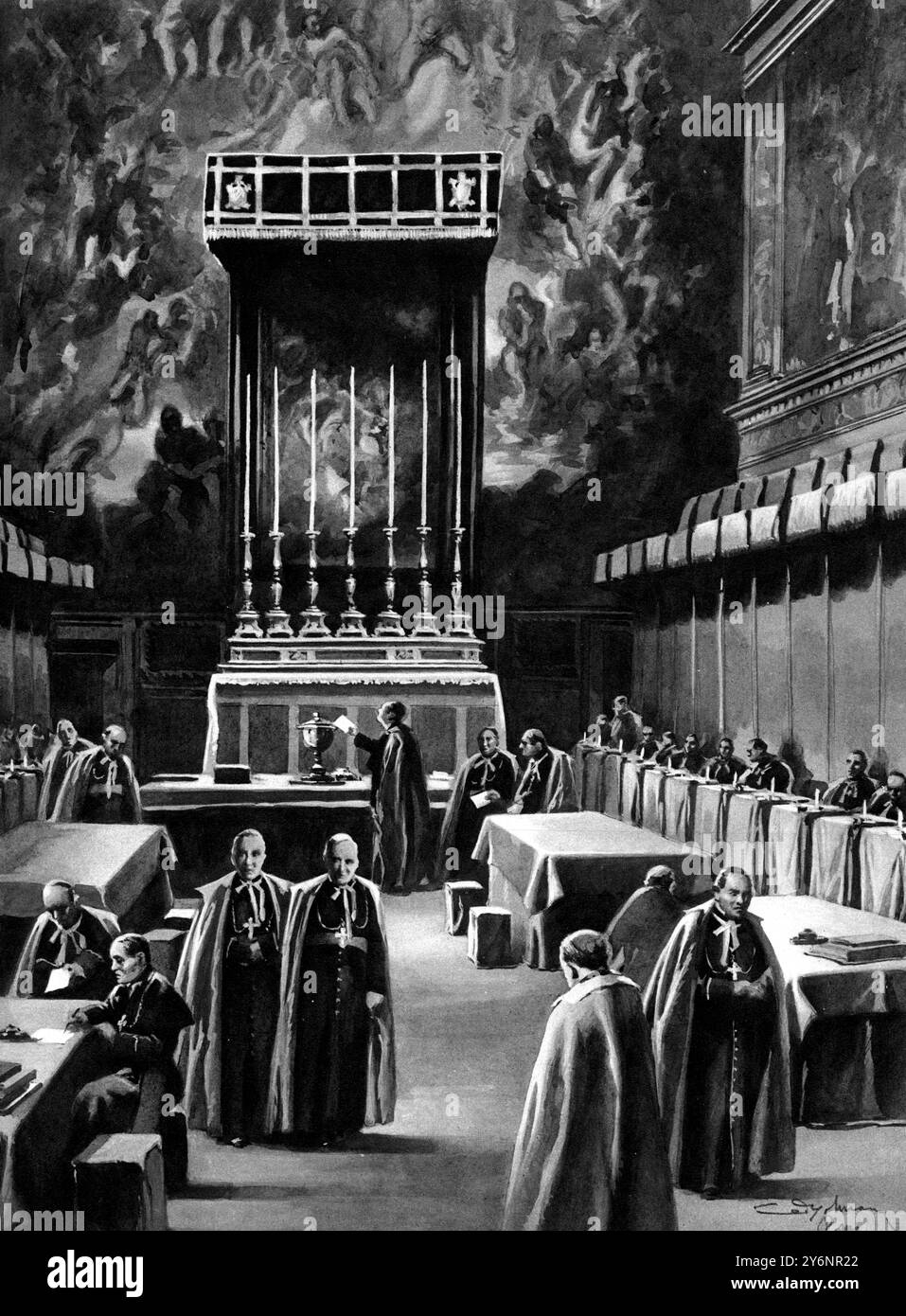 Élection d'un successeur au pape Pie XI dans la chapelle Sixtine L'intérieur de la chapelle Sixtine alors que l'élection d'un nouveau pape est en cours, un dessin montrant comment les cardinaux enregistrent leurs votes. Mars 1939 ©2004 Topfoto Banque D'Images