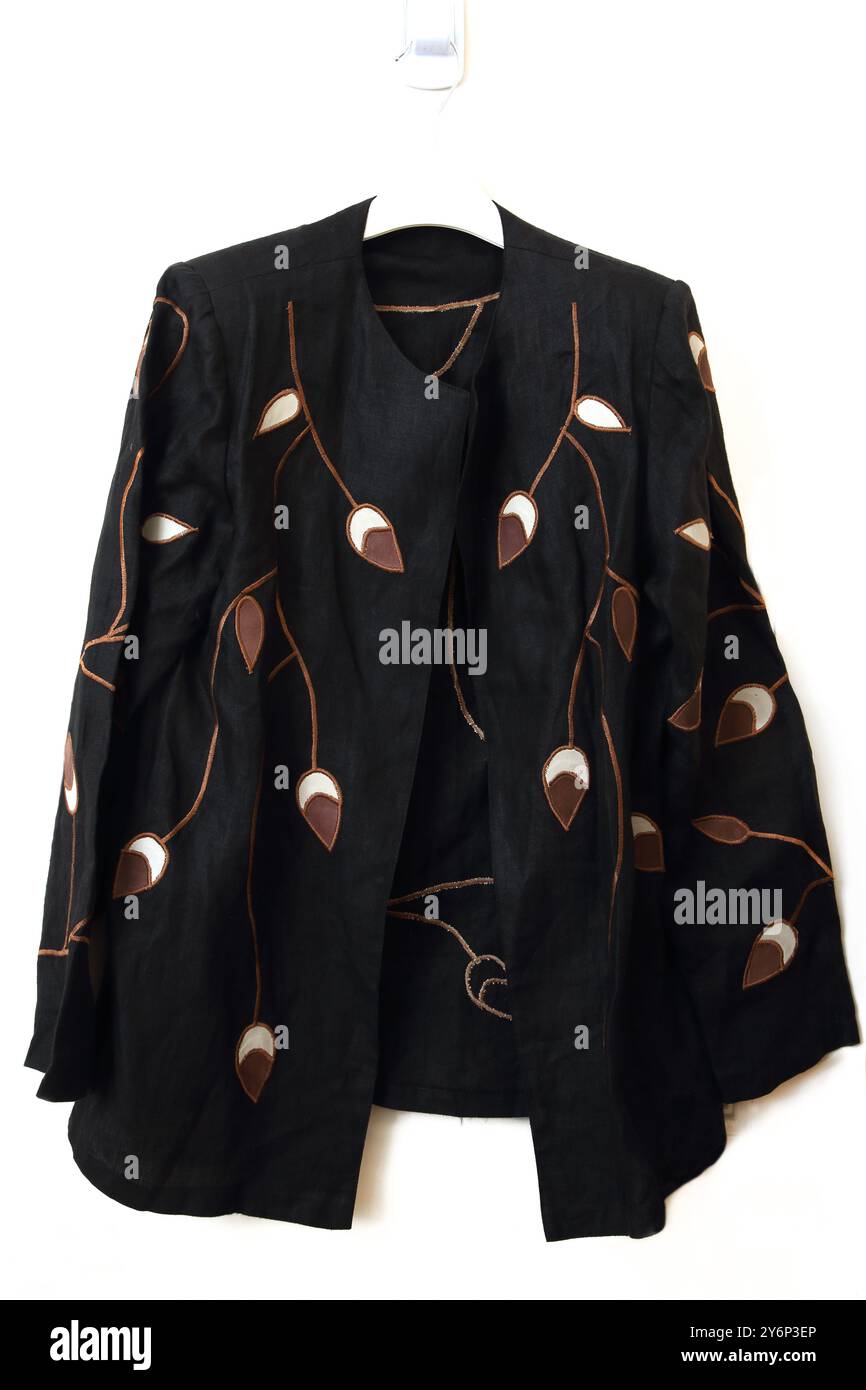 Designer grec Renardeau applique lin et cuir ouvert Blouse / Veste Banque D'Images