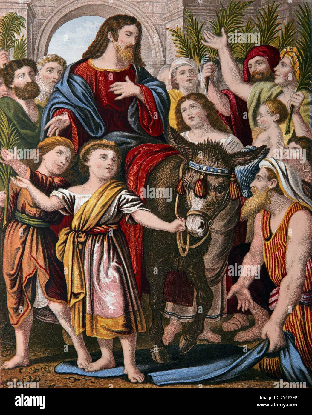 Illustration entrée de Jésus dans Jérusalem avec des disciples prenant des foulards et les posant sur le sol pour que l'âne marche dessus (Evangile) à partir de th Banque D'Images