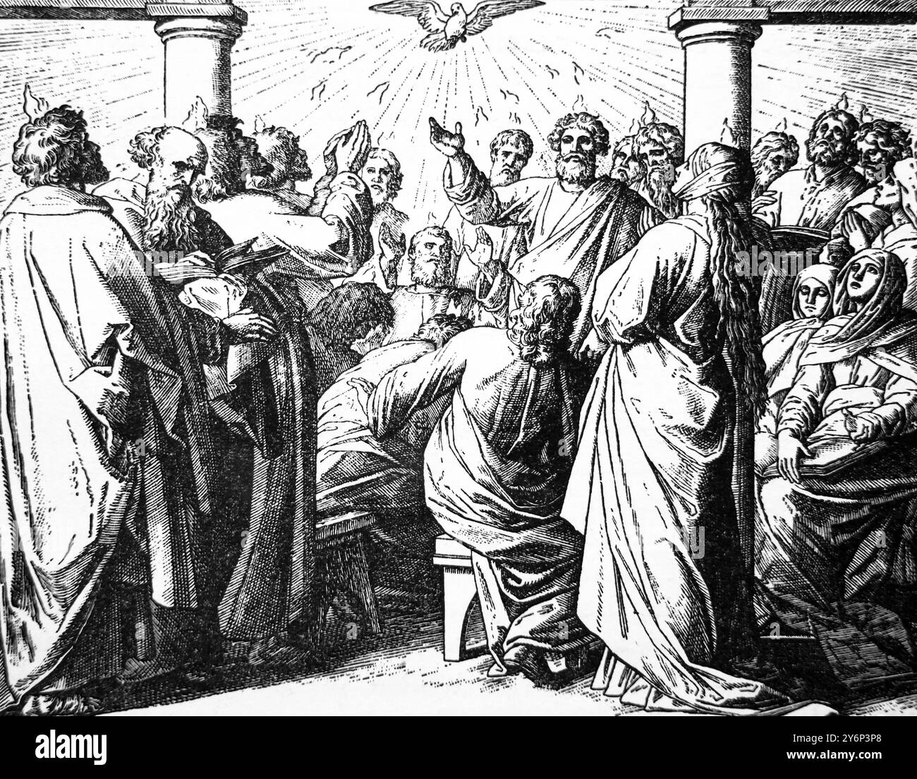 Le jour de la Pentecôte ( la descente du Saint-esprit) extrait de l'édition antique 1909 du Livre pour enfants du Nouveau Testament de Mme C.D. Fran Banque D'Images