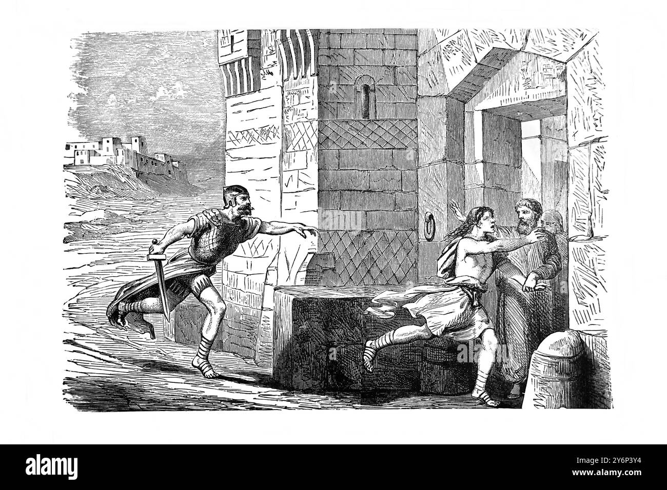 Les personnes fuyant vers la ville de refuge où les auteurs d'homicide involontaire coupable pourraient réclamer l'asile de l'ancien 19ème siècle le National Comp Banque D'Images