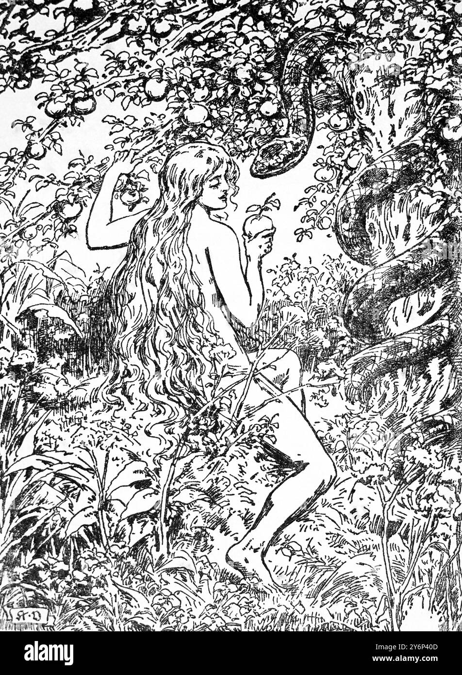 Illustration de la tentation d'Eve dans le jardin d'Eden à partir de l'Antique Livre de Moïse du XIXe siècle histoires bibliques relatées par Catherine Shaw Banque D'Images