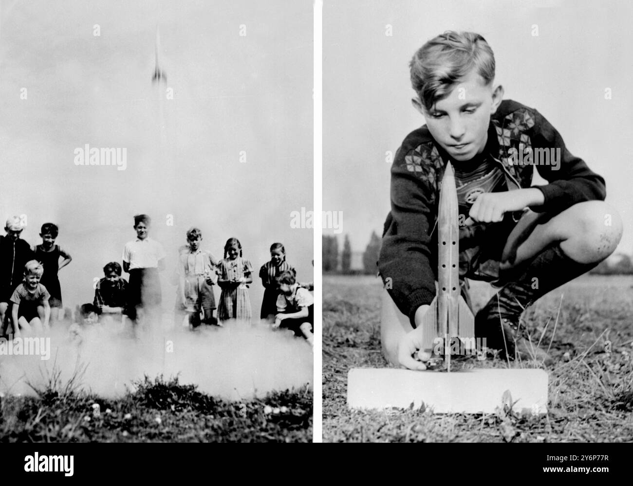 Les enfants sont debout près d'une fusée alors qu'elle zoome dans les airs un enfant est également vu mettre le feu à la fusée de la fusée miniature allemande V 2 1940s. Banque D'Images
