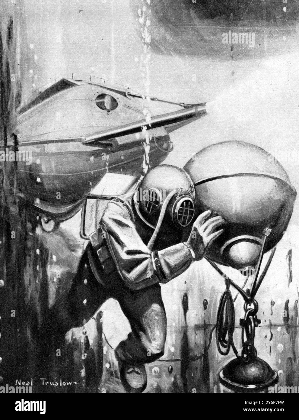 Après que l'homme a émergé par une trappe à l'avant de l'engin : un plongeur forme le sous-marin plantant une mine pour l'utiliser contre les navires de guerre. Banque D'Images
