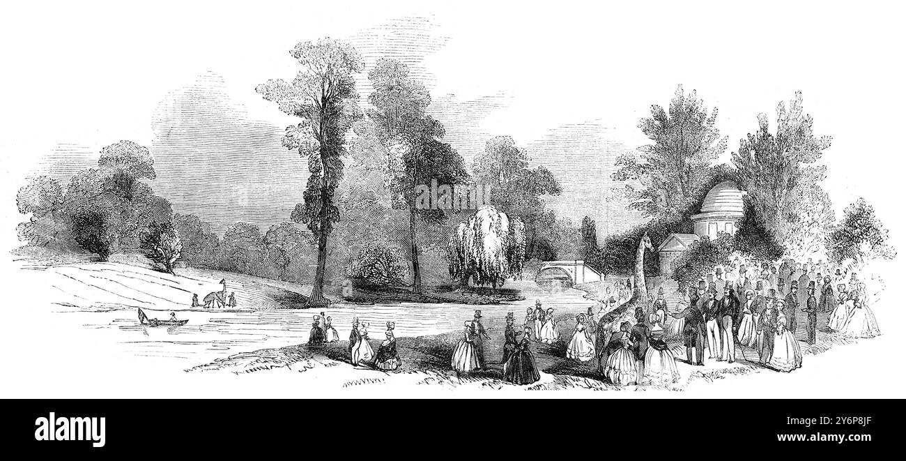 Visite officielle du tsar Nicolas Ier de Russie en Grande-Bretagne, 1844. La pelouse du temple, avec l'exposition des girafes, à Chiswick House, maison du duc de Devonshire Banque D'Images