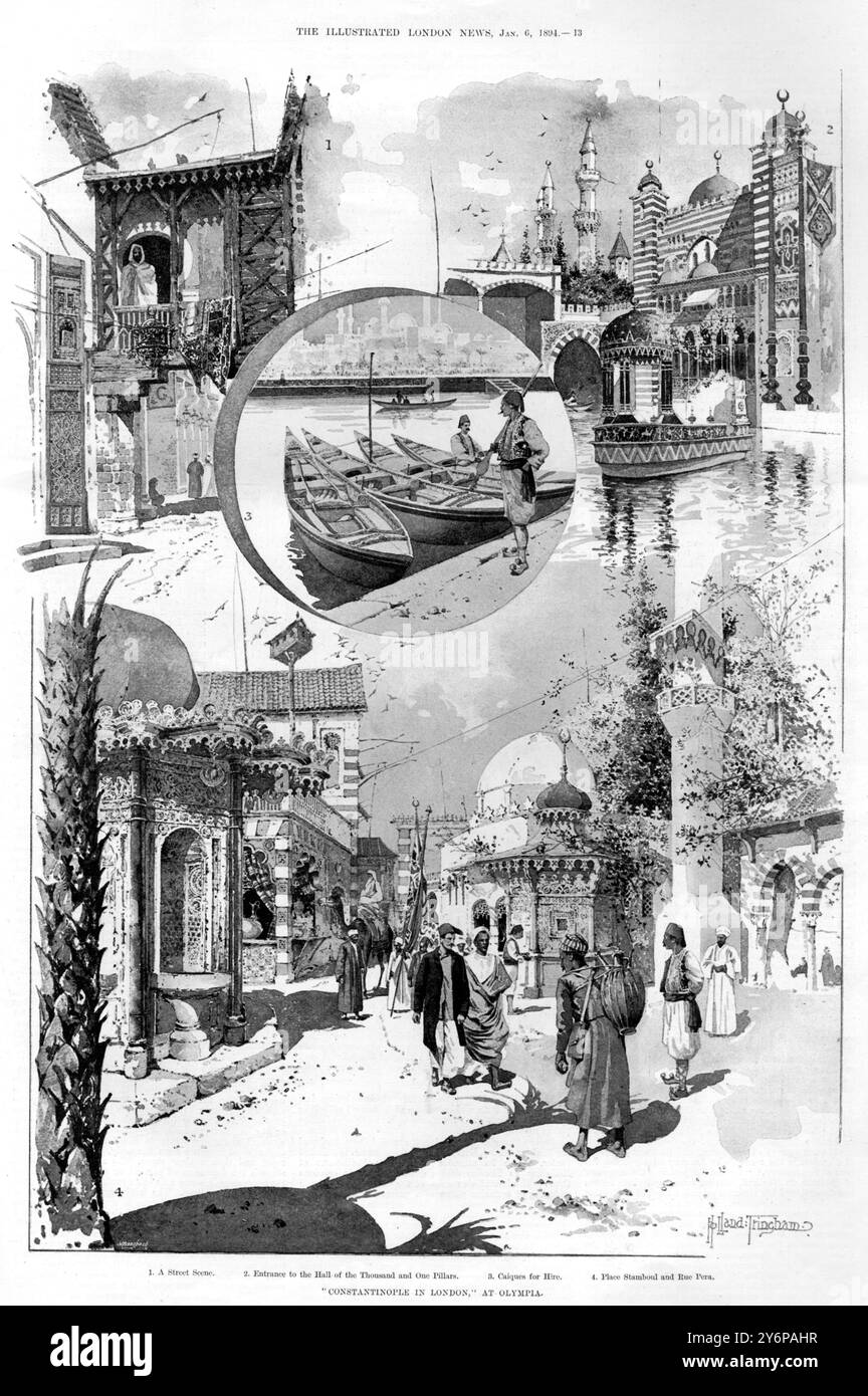 ' Constantinople à Londres ' à Olympia 1 Une scène de rue 2 entrée à la salle des mille et un piliers 3 Caiques à louer 4 place Stamboul et Rue Pera imitation artistique de paysages, architecture et costumes à Olympia . Gestion entreprenante et ingénieuse , avec l'habileté des charpentiers, des peintres , des décorateurs et des tapissiers avec le travail de sept cents mains sous la direction de M. Lyons Banque D'Images