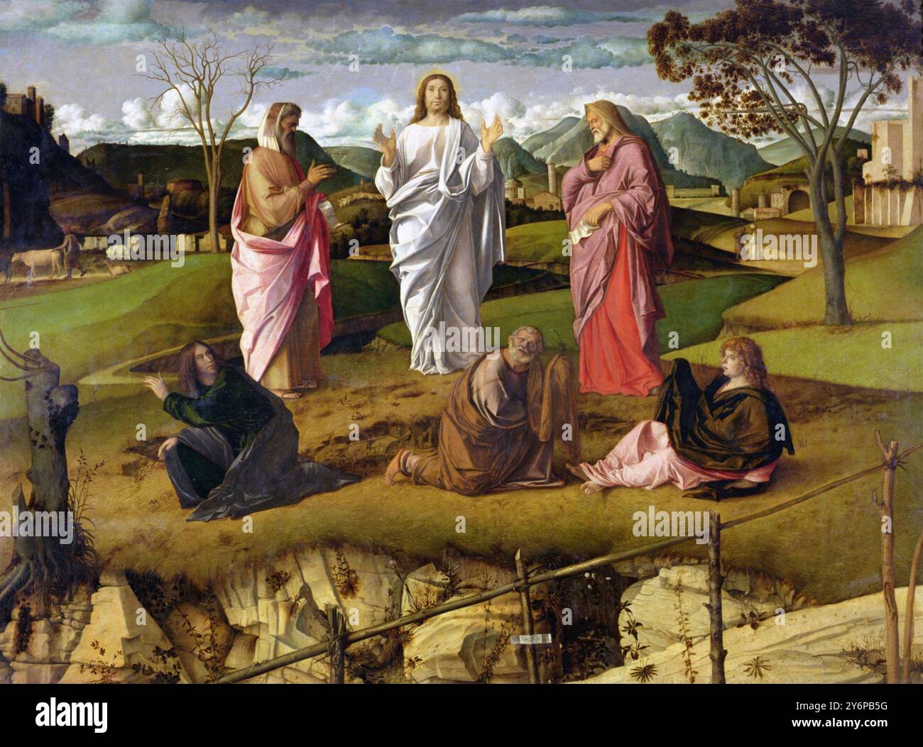 TRANSFIGURATION DE JÉSUS par Giovanni Bellini, vers 1480. Moïse se tient à droite et Elijah à gauche. Banque D'Images