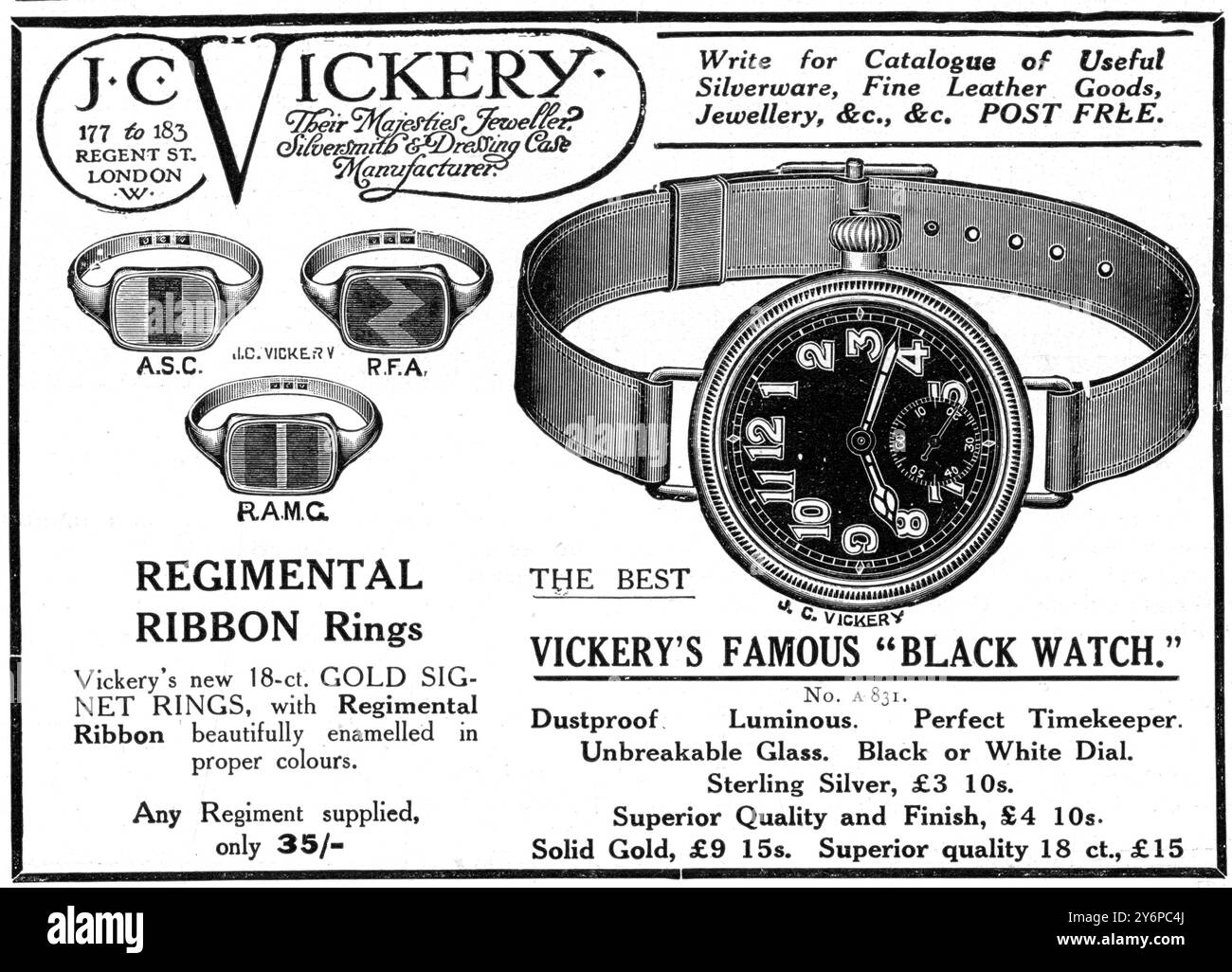 Publicité pour J C Vickery pour la célèbre montre noire de Vickery WWI 2 février 1918 Banque D'Images