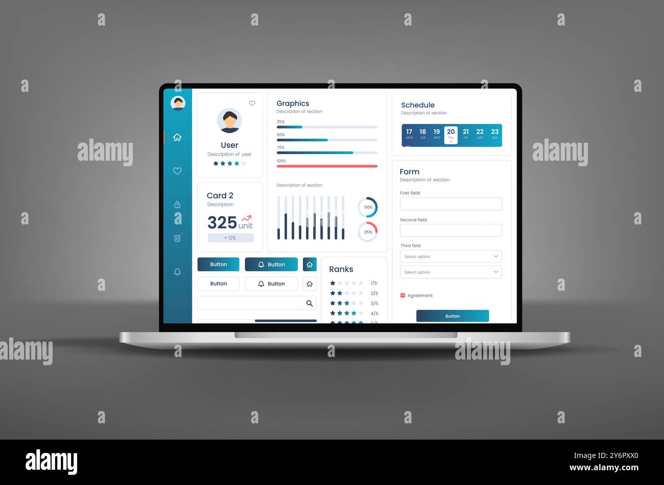 Interface utilisateur de l'ordinateur portable. Conception de l'interface utilisateur UX. Facilité d'utilisation du tableau de bord sur les appareils électroniques. Graphiques et tableaux pour la gestion et la surveillance des données. Illustration de Vecteur