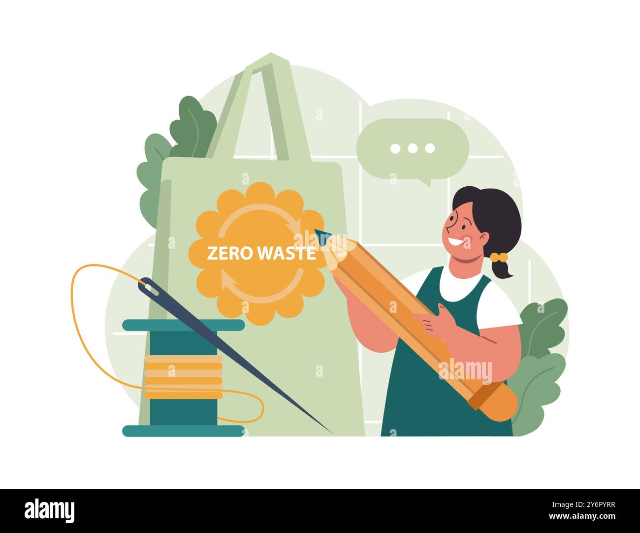 Consommation consciente. Caractère avec style de vie écologique. Pratique durable dans la vie quotidienne. Zéro déchet. Upcycling ou réutilisation de vieux vêtements. Effet mode rapide. Illustration vectorielle plate Illustration de Vecteur