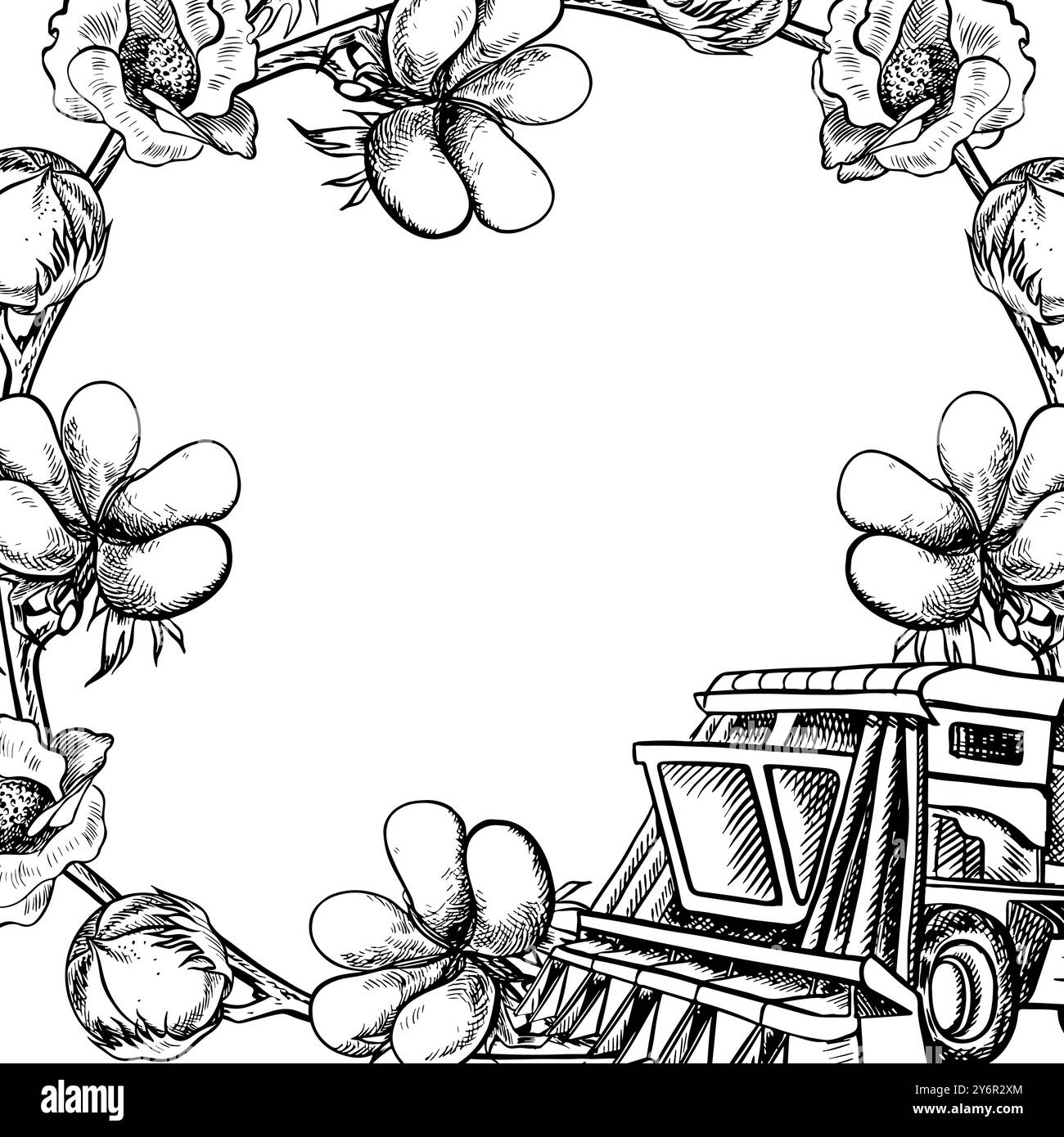 Récolteuse de coton. Une illustration graphique vectorielle en noir et blanc réalisée à la main. Composition stylisée d'une récolteuse de coton moderne utilisée en agriculture Illustration de Vecteur