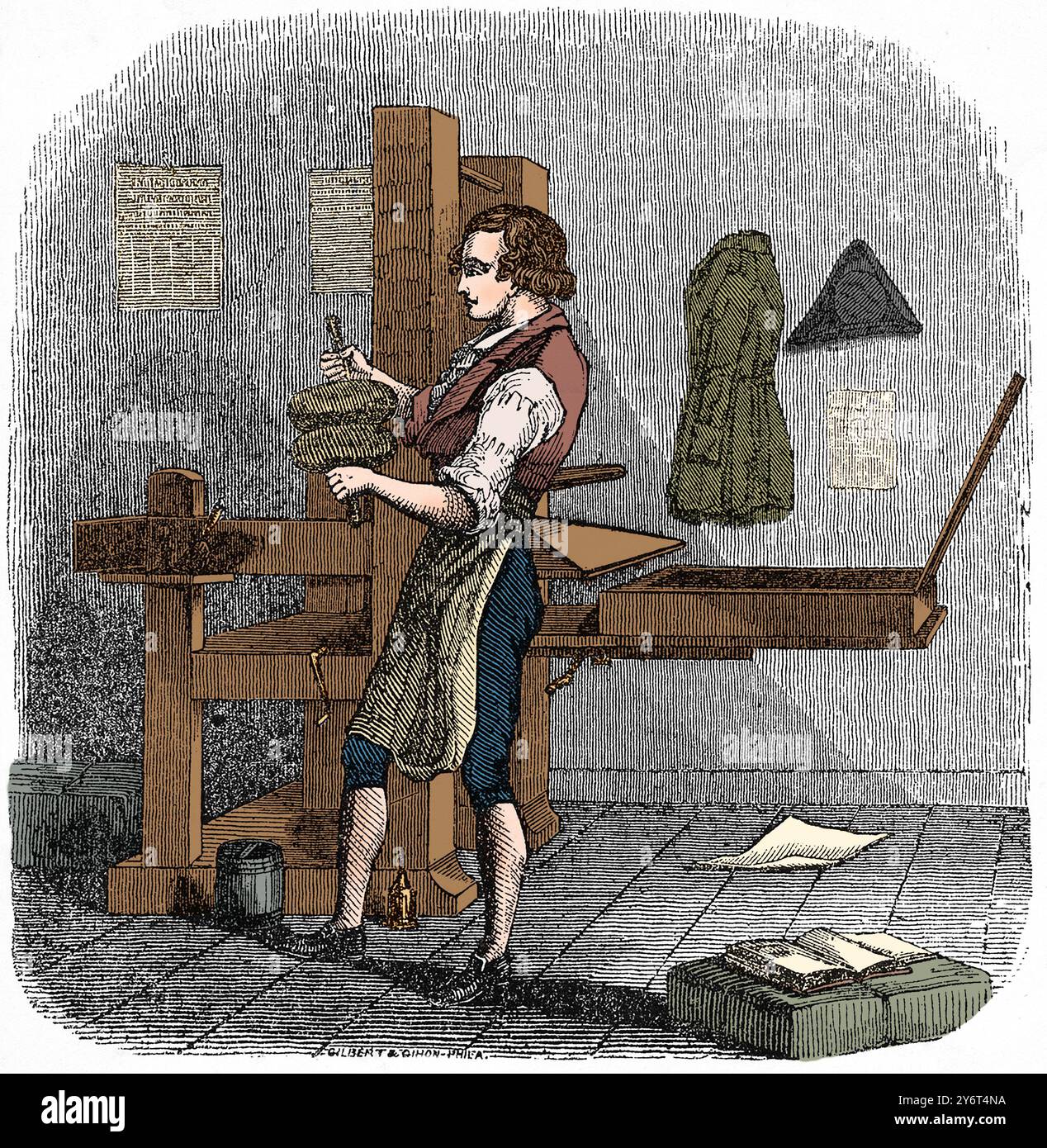 Benjamin Franklin comme imprimeur, gravure sur bois Banque D'Images