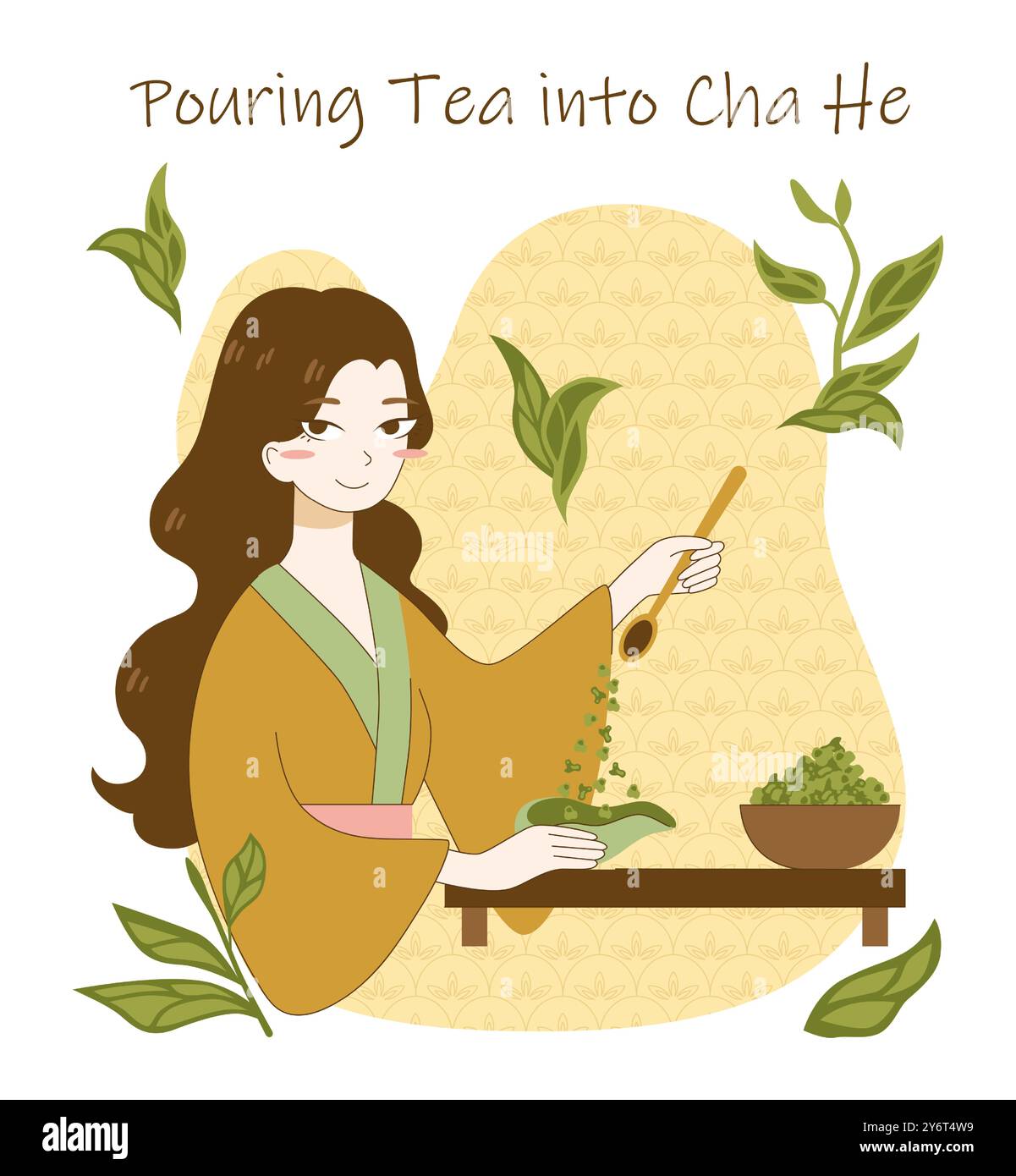 Règles et processus de cérémonie du thé. Personnage féminin japonais ou chinois en kimono préparant et buvant du thé vert. Culture asiatique traditionnelle. Illustration vectorielle plate Illustration de Vecteur