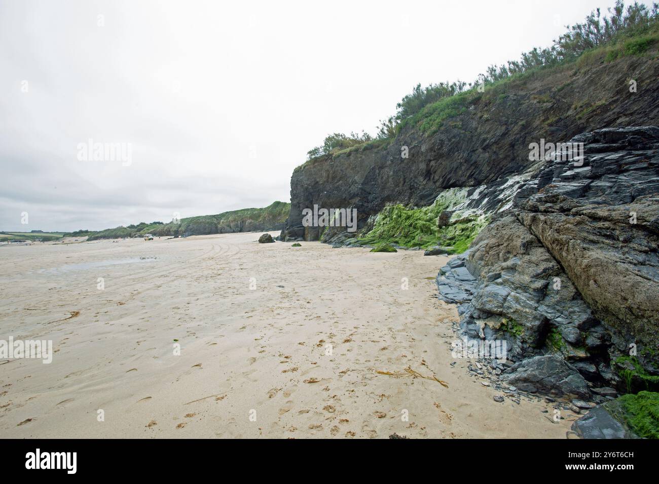 Harlyn Bay Beach, Cornwall, Angleterre, 25 juin 2024, la mousse verte couvrait des rochers à la plage Banque D'Images