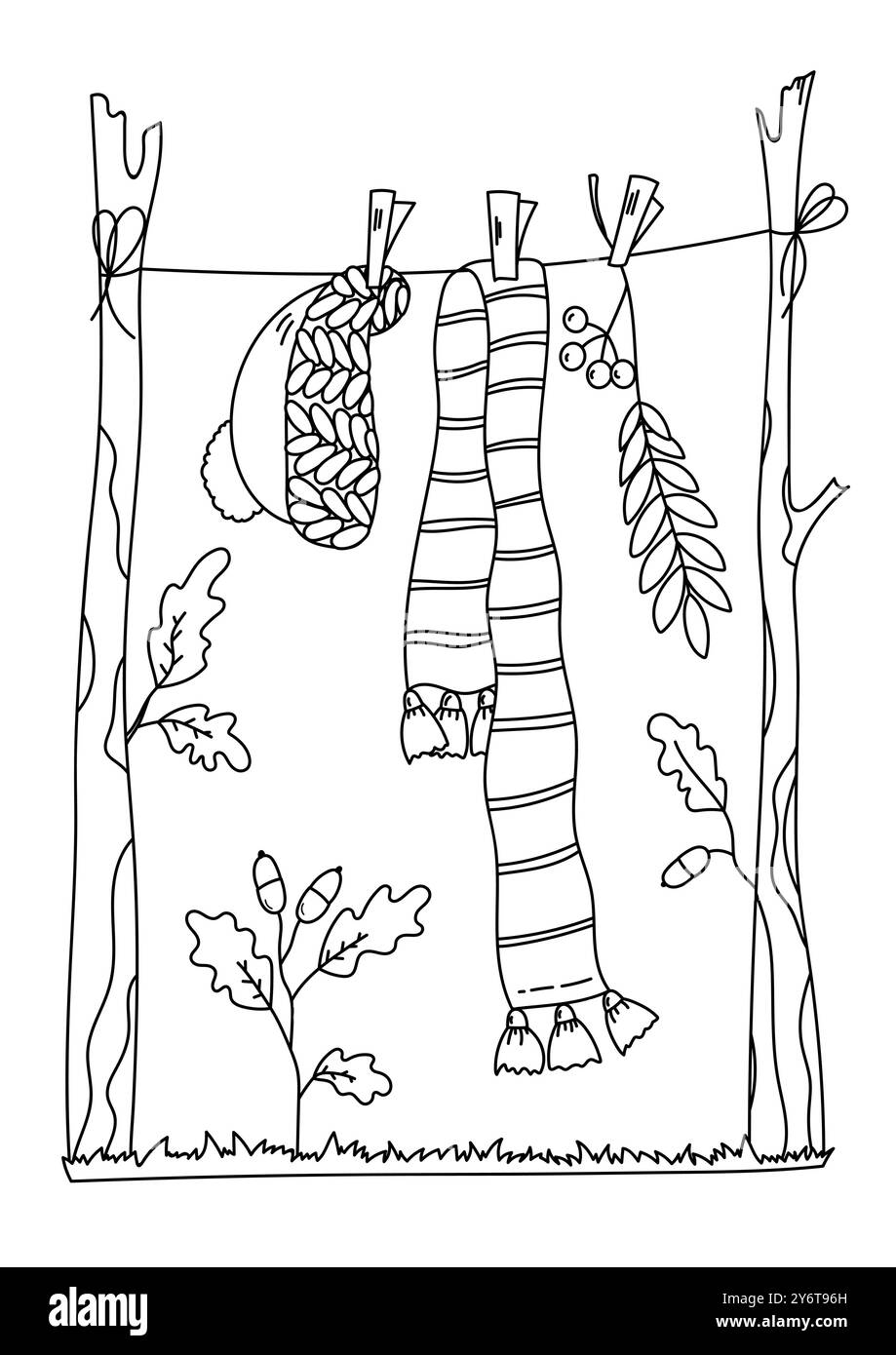 Coloriage pages de chapeaux festifs, écharpes et feuilles séchant sur des cordes Illustration de Vecteur