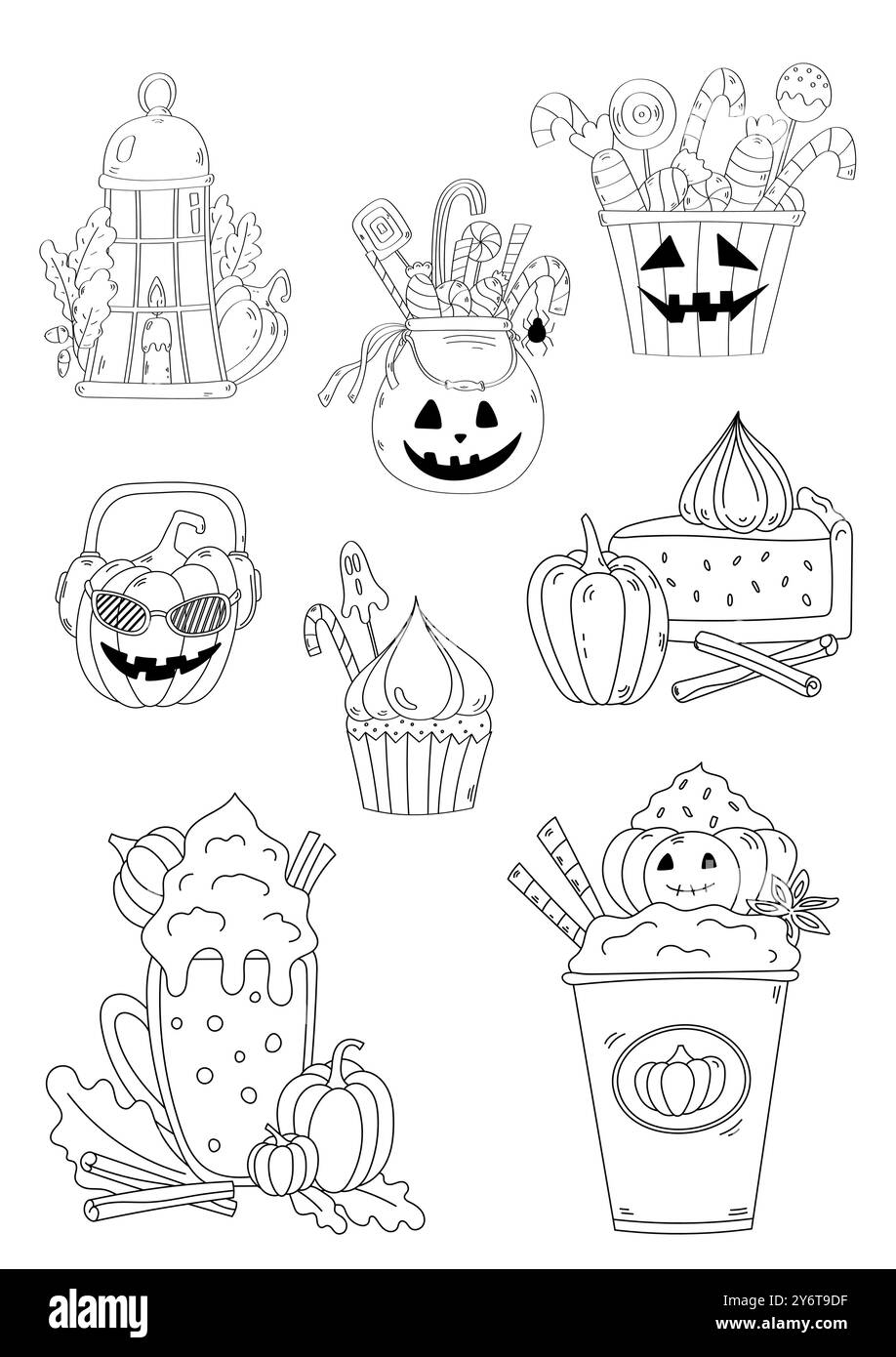 Jeu de pages de coloriage de dessins animés d'Halloween montrant des citrouilles et des bonbons Illustration de Vecteur