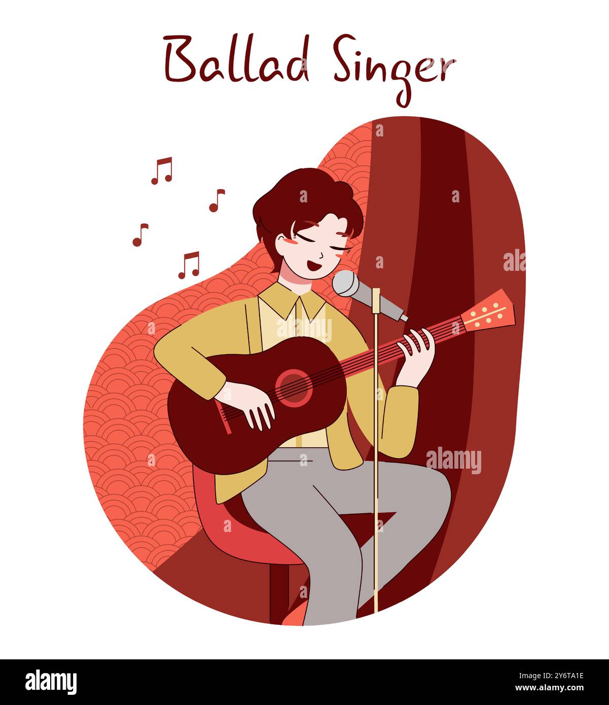 Musique pop chinoise. Chanteur de ballade avec une guitare chantant à un microphone. Jeune interprète sur scène jouant une chanson romantique. Illustration vectorielle plate Illustration de Vecteur