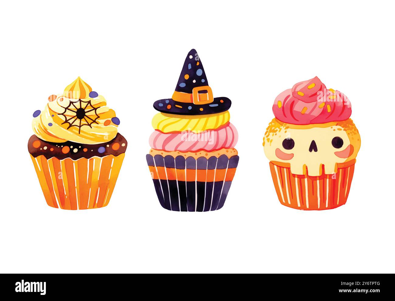 Ensemble de cupcakes d'Halloween à l'aquarelle. muffins décorés effrayants. Nourriture d'Halloween pour les conceptions de vacances Illustration de Vecteur