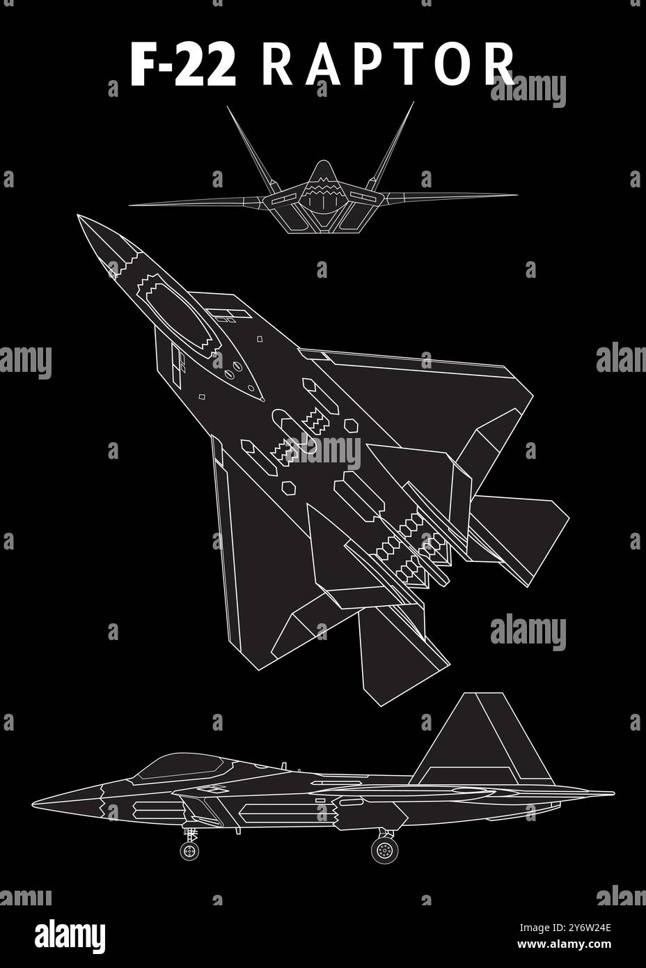 Illustration au trait d'un avion de chasse F-22 Raptor. Le jet est représenté dans trois vues différentes Illustration de Vecteur