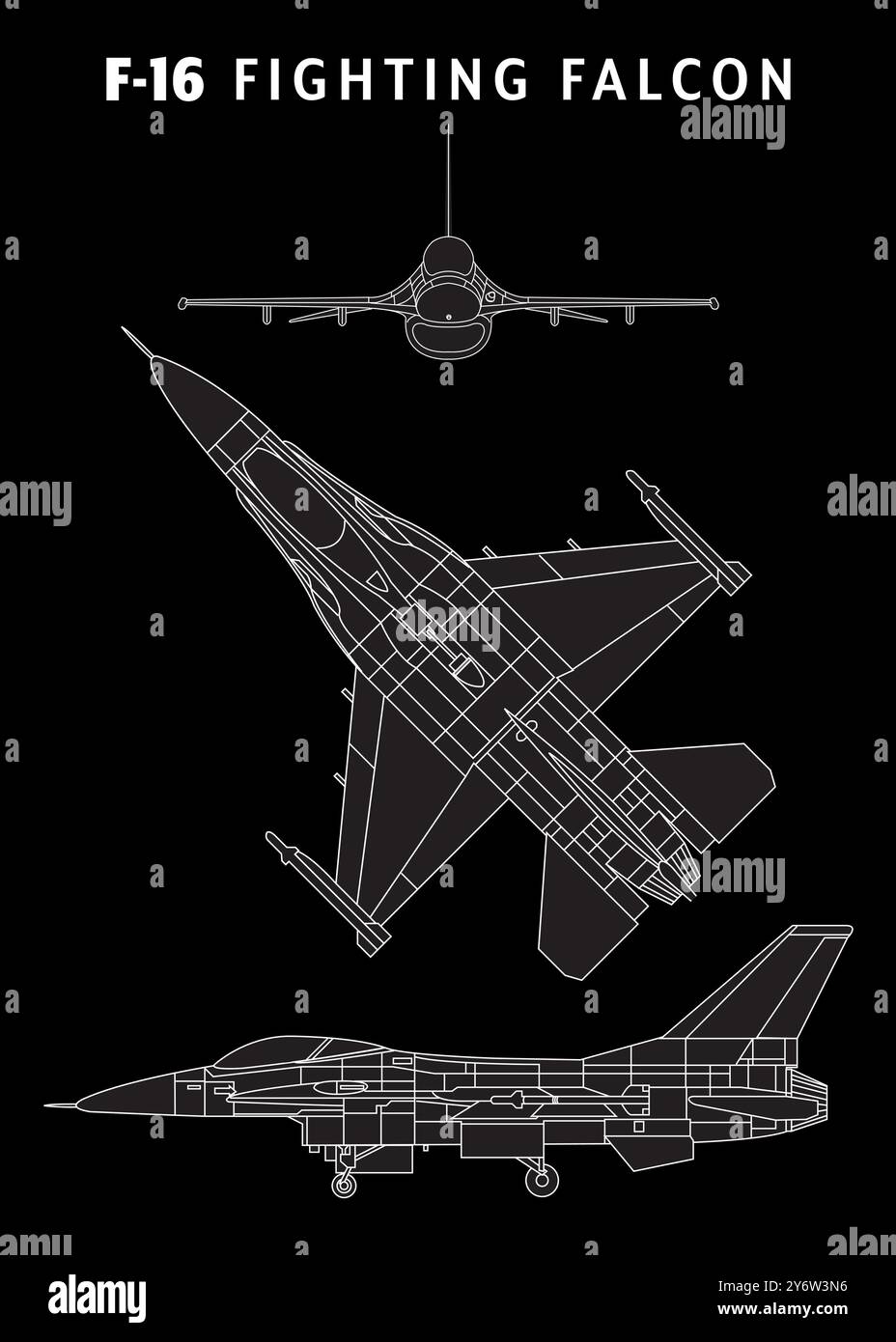 Plan de l'avion de chasse F-16 Fighting Falcon. Le dessin est rendu en lignes blanches sur fond noir Illustration de Vecteur