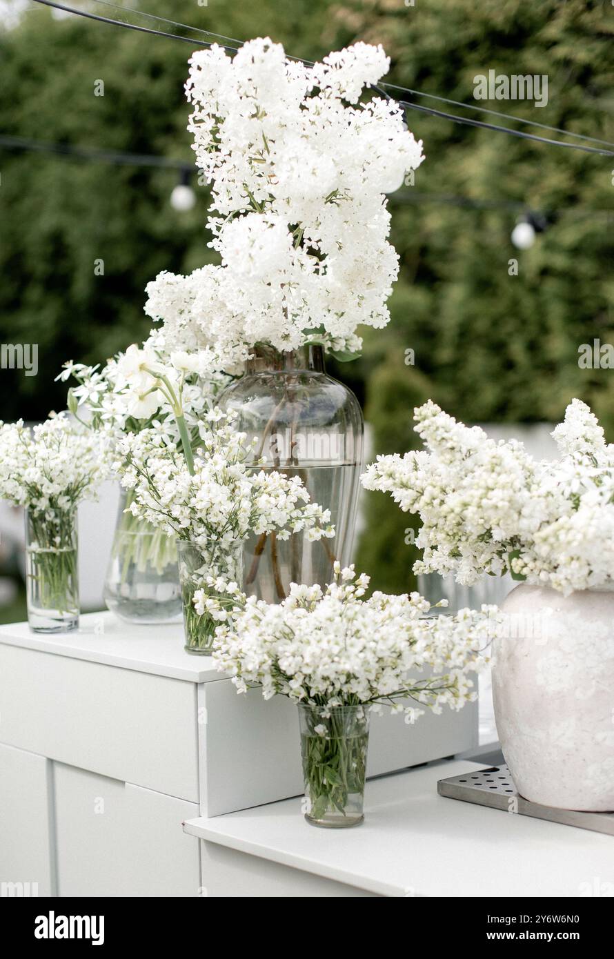 Délicates fleurs blanches sont habilement disposées dans divers vases en verre, rehaussant le cadre extérieur tranquille avec une touche d'élégance et de beauté de la nature Banque D'Images