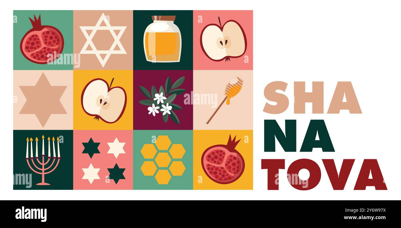Carte de voeux moderne Rosh Hashanah, invitation. Fond de Shana Tova, bannière avec miel, pomme, fruit de grenade. Porte-bougie menorah. Géométrique Illustration de Vecteur
