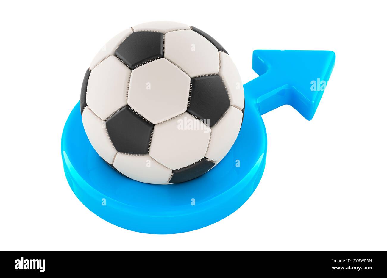 Ballon de football avec symbole de genre masculin bleu, rendu 3D isolé sur fond blanc Banque D'Images