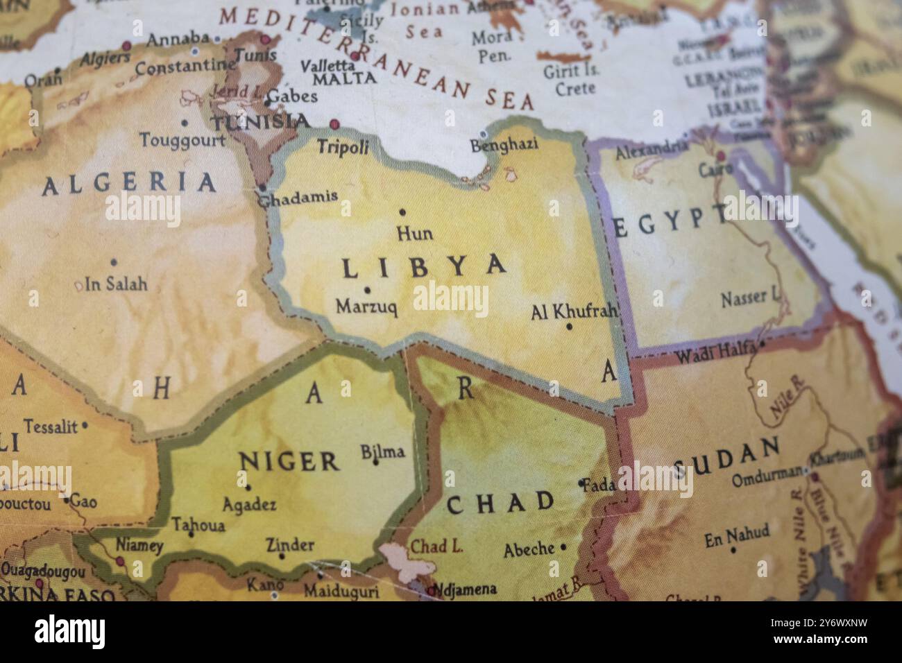 Gros plan sur le pays de Libye sur une carte du monde Banque D'Images