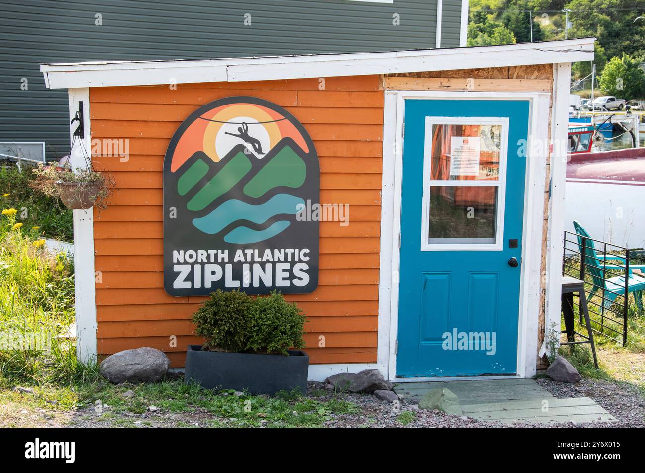 Bureau North Atlantic Ziplines sur main Road à Petty Harbour–Maddox Cove, Terre-Neuve-et-Labrador, Canada Banque D'Images