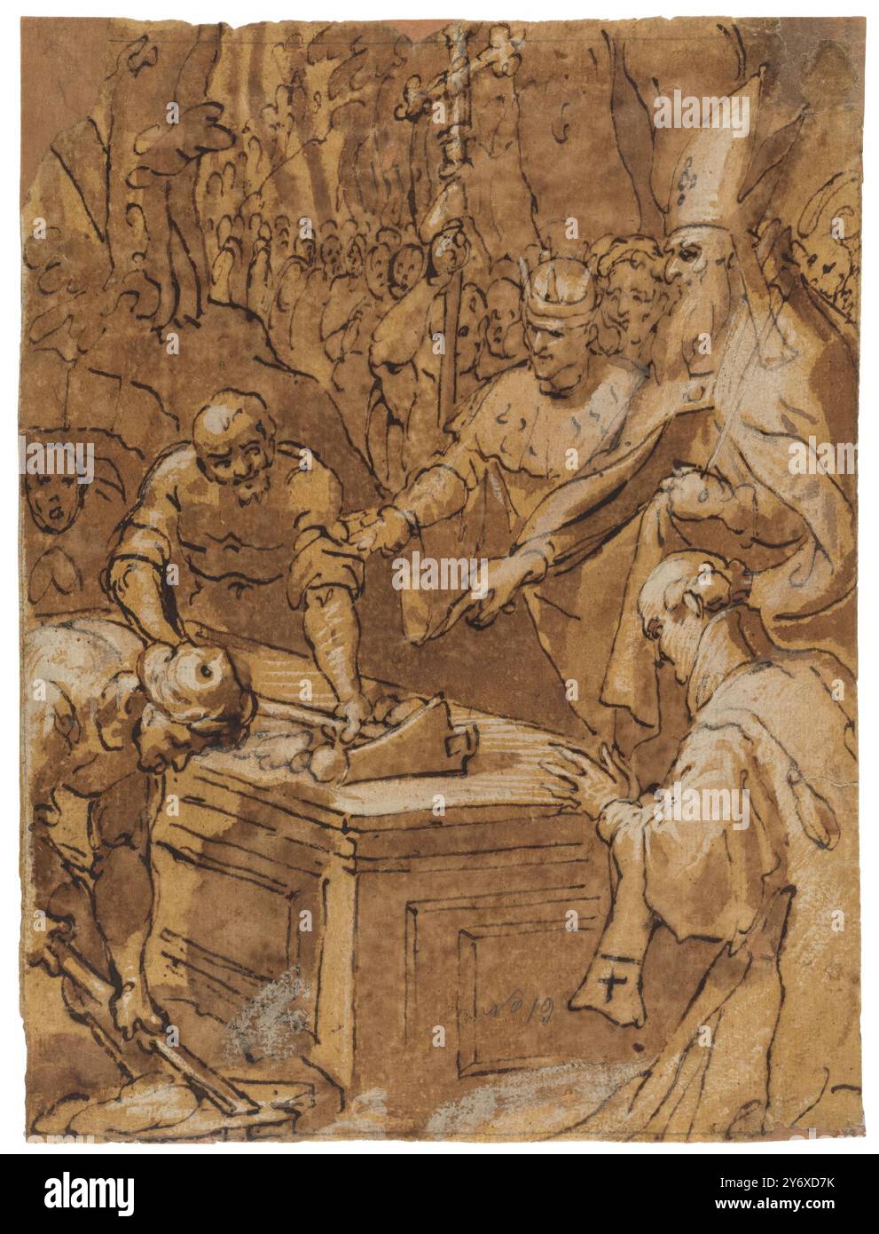 Bartolomé Carducho / 'Un roi et un évêque président à l'ouverture d'un tombeau'. XVI siècle. Lavage jaune, lavage gris-brun, plomb blanc, encre sur papier couché, papier préparé jaune. Musée : Museo del Prado, Madrid, España. Banque D'Images